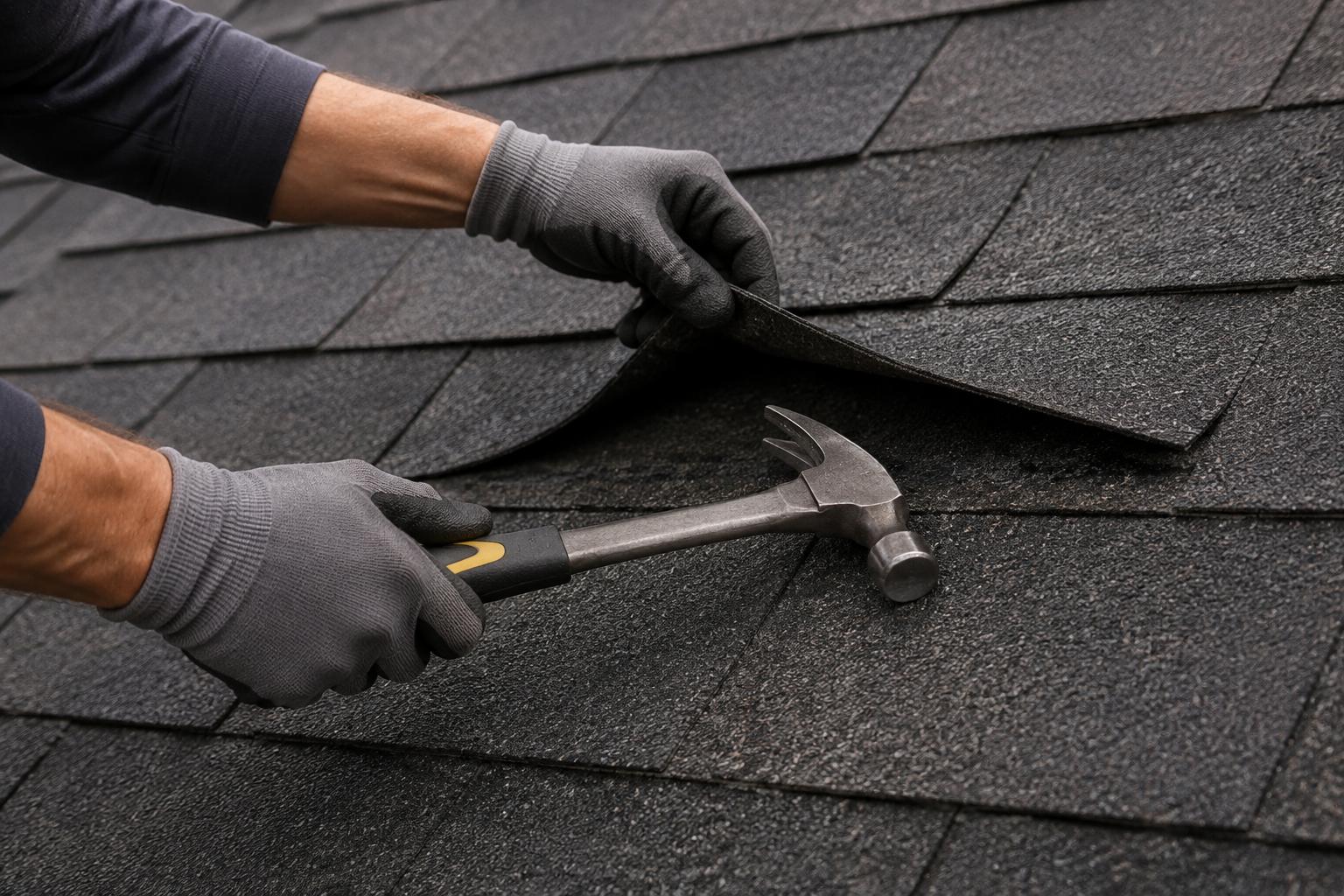 Illustrative close-up of gloved hands repairing asphalt shingles